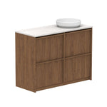 ADP Eli floor standing vanity in Boston Oak with white Caesarstone top, shown in angled view with round basin top