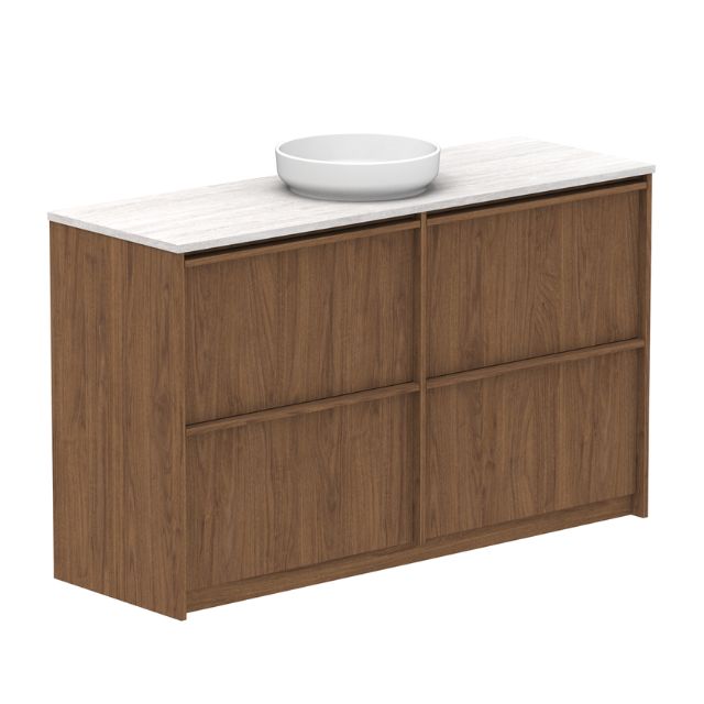 ADP Eli floor standing vanity in woodgrain finish with Caesarstone top and round white basin, front view