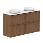 ADP Eli floor standing vanity in woodgrain finish with white Caesarstone top and twin oval basins