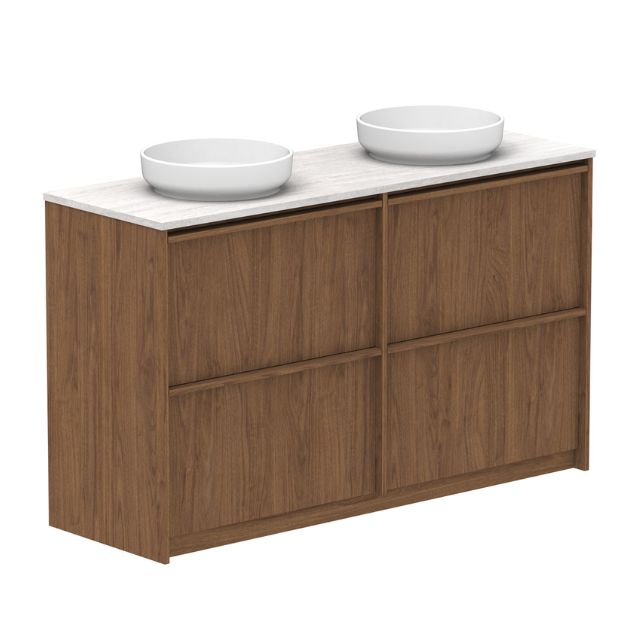 ADP Eli floor standing vanity in woodgrain finish with white Caesarstone top and twin oval basins
