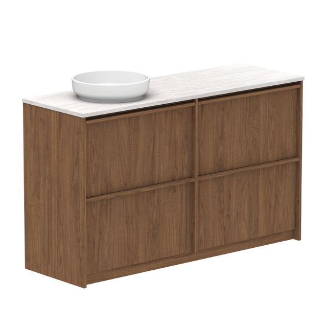 ADP Eli floor standing vanity, woodgrain finish with white Caesarstone top and round basin, front view