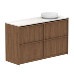 ADP Eli floor standing vanity with Caesarstone top, walnut woodgrain finish and round white basin