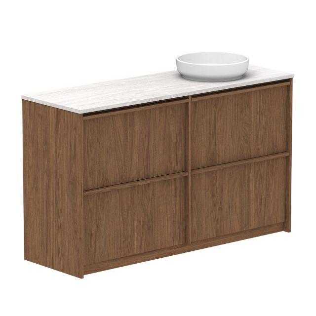 ADP Eli floor standing vanity with Caesarstone top, walnut woodgrain finish and round white basin