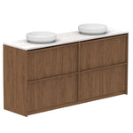 ADP Eli floor standing vanity in wood finish with white Caesarstone top and twin basin cutouts