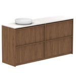 ADP Eli floor standing vanity, natural wood finish with white Caesarstone top and round above-counter basin
