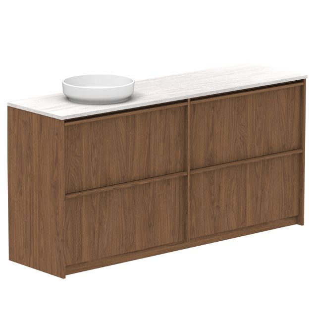 ADP Eli floor standing vanity, natural wood finish with white Caesarstone top and round above-counter basin
