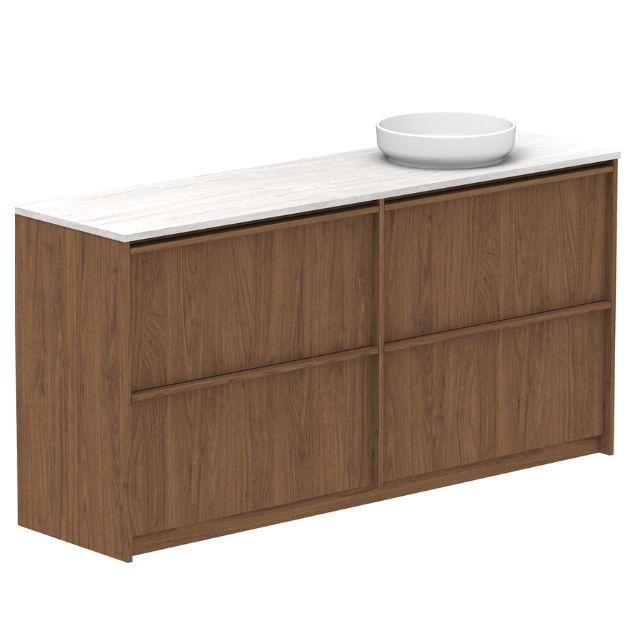 ADP Eli floor standing vanity in wood finish with white Caesarstone top, double bowl, side angle view