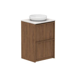 ADP Eli floor standing vanity in Boston Oak with Caesarstone top and round white basin, front angle view