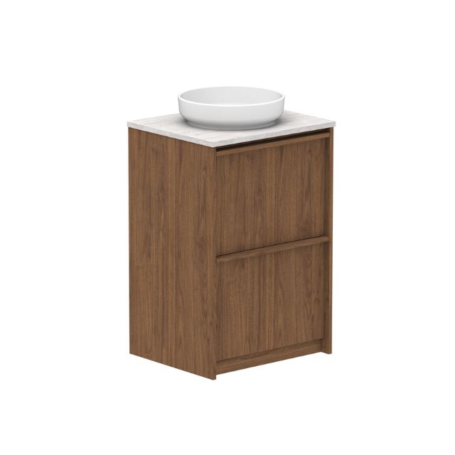 ADP Eli floor standing vanity in Boston Oak with Caesarstone top and round white basin, front angle view