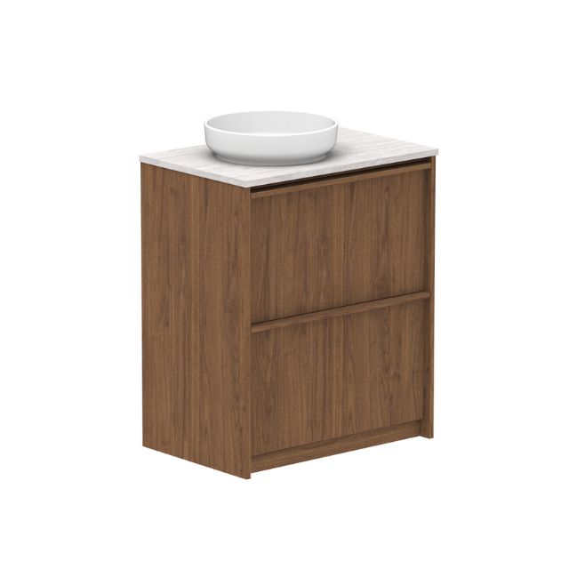 ADP Eli floor standing vanity in Boston Oak with white Caesarstone top and round basin, front view