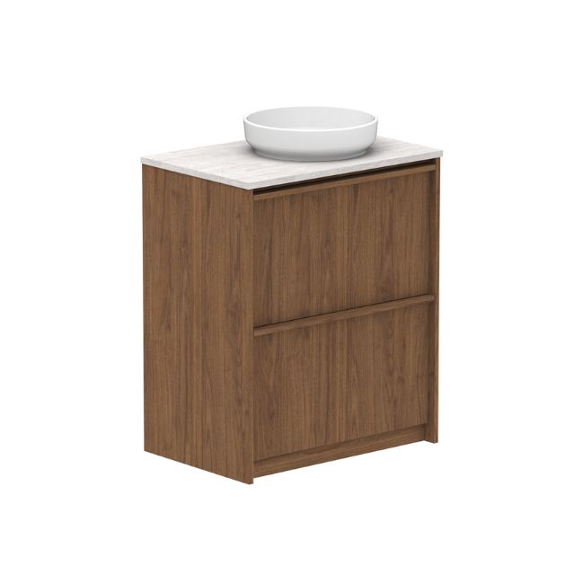 ADP Eli floor standing vanity in woodgrain finish with Caesarstone top and round white basin, front view