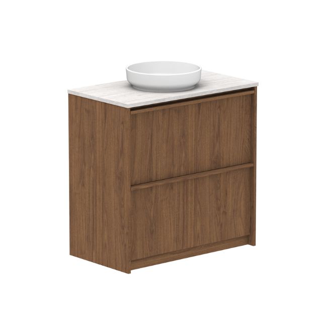 ADP Eli floor standing vanity in woodgrain finish with Caesarstone top and round above-counter basin, front view