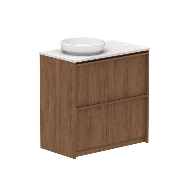 ADP Eli floor standing vanity in Boston Oak with white Caesarstone top and round basin, front view