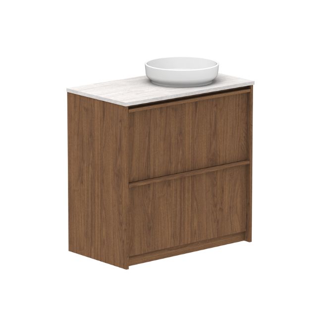 ADP Eli floor standing vanity in Boston Oak with white Caesarstone top and round above-counter basin, front view