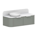ADP vanity with white centre bowl, sage green curved cabinet and rounded white top in front view