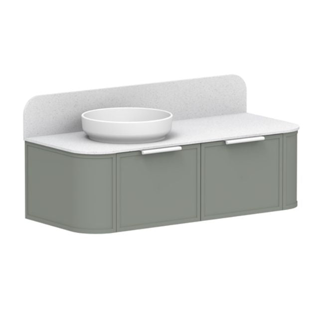ADP vanity with white centre bowl, sage green curved cabinet and rounded white top in front view