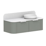 ADP 900mm vanity with centre bowl, white top and sage green curved-front cabinetry