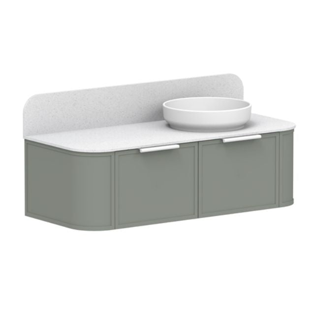 ADP 900mm vanity with centre bowl, white top and sage green curved-front cabinetry