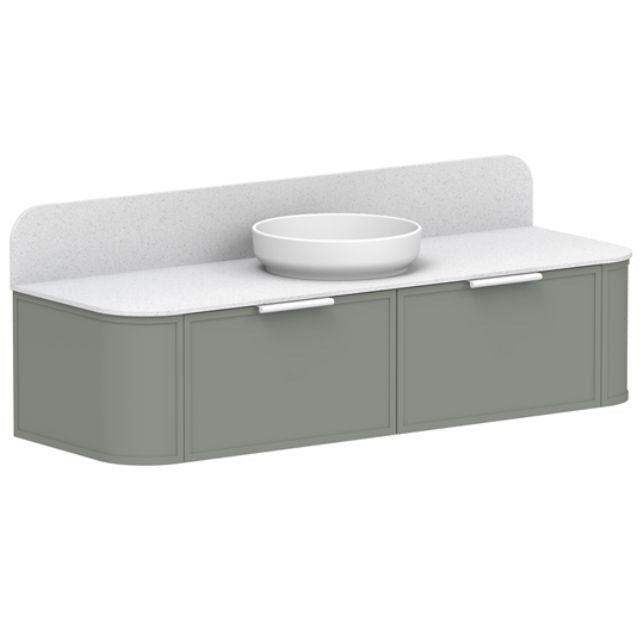 ADP 900mm vanity with centre bowl, white top and sage green cabinetry, front view