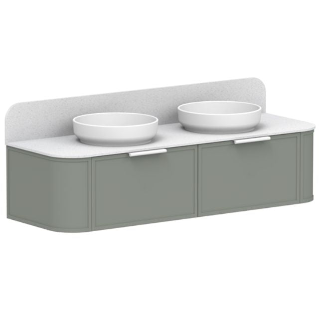 ADP 900mm vanity with twin round basins, white top and sage green cabinetry, front view