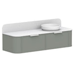 ADP 900mm vanity with centre bowl, sage green finish, white top and curved timber-look front panels