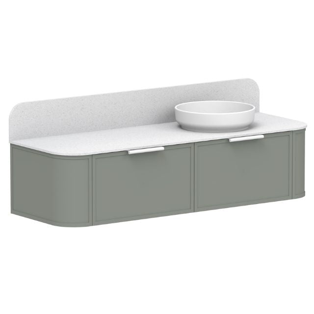 ADP 900mm vanity with centre bowl, sage green finish, white top and curved timber-look front panels