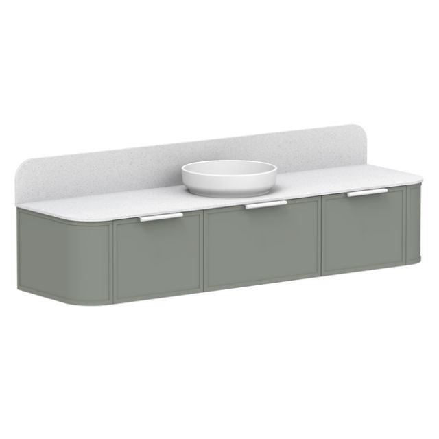 ADP 900mm centre bowl vanity in sage green with white top and curved wall splashback