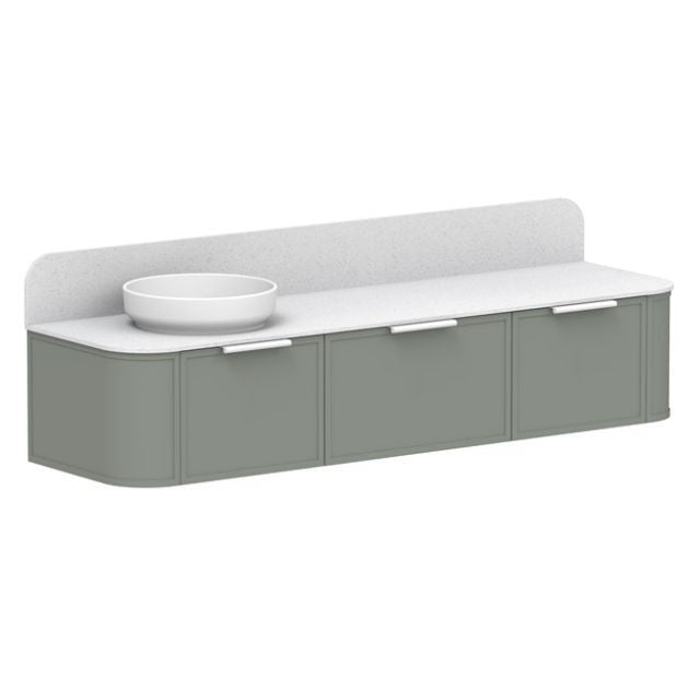 ADP 900mm vanity with centre bowl, sage green cabinetry and white benchtop, wall-mounted front view