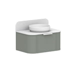 ADP 900mm centre bowl vanity in sage green with white top and oval basin, angled view