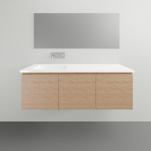 ADP Glacier Lite wall hung vanity with white ceramic top and light woodgrain finish, front view with left basin and three doors