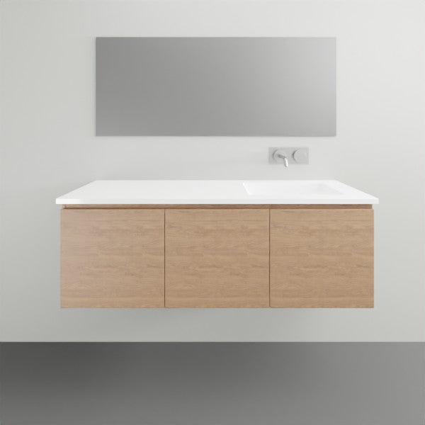 ADP Glacier Lite wall hung vanity in Nataio Walnut with white ceramic top, three-door front and double bowl sink