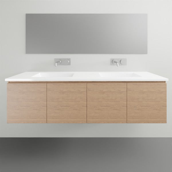 ADP Glacier Lite wall hung slim vanity with white ceramic top and Nataio walnut finish, front view