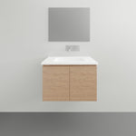 ADP Glacier Lite wall hung vanity with white ceramic top and light woodgrain doors, front view, 750mm centre bowl