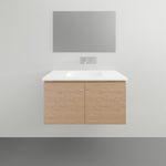 ADP Glacier Lite wall hung vanity with ceramic top, Nataio Walnut finish, shown front on in a bathroom setting