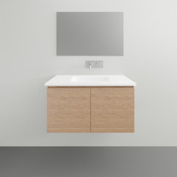 ADP Glacier Lite wall hung vanity with ceramic top, Nataio Walnut finish, shown front on in a bathroom setting