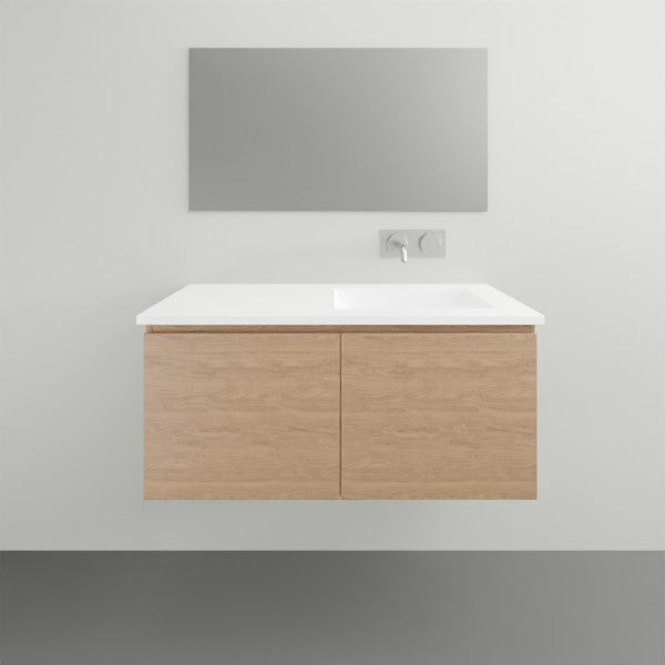 ADP Glacier Lite wall hung vanity with ceramic top, Nataio walnut finish and white basin, front view