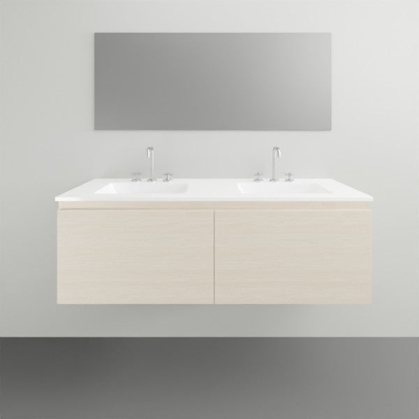 ADP Glacier Lite wall hung double vanity with ceramic top in light woodgrain finish, front view