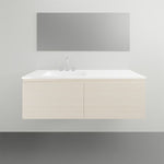 ADP Glacier Lite wall hung vanity with ceramic top, light woodgrain finish, double bowl and two drawers, front view