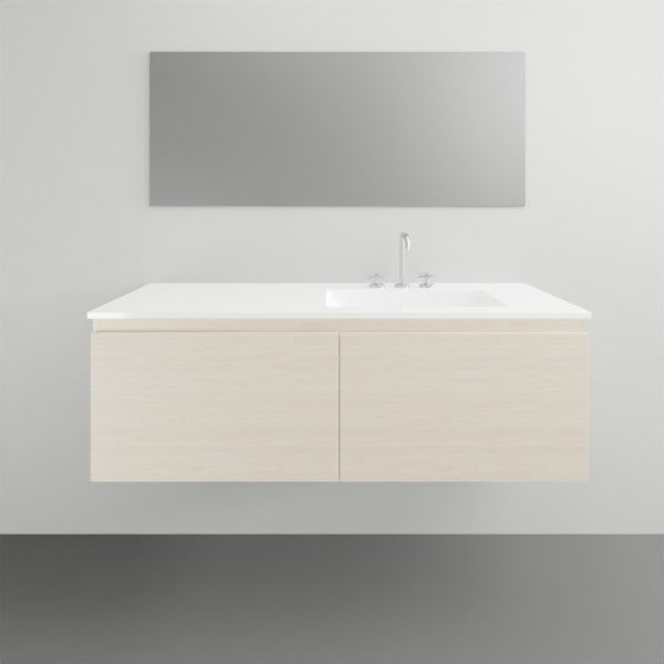 ADP Glacier Lite wall hung vanity with ceramic top, light woodgrain finish, slim all-drawer design and centre bowl
