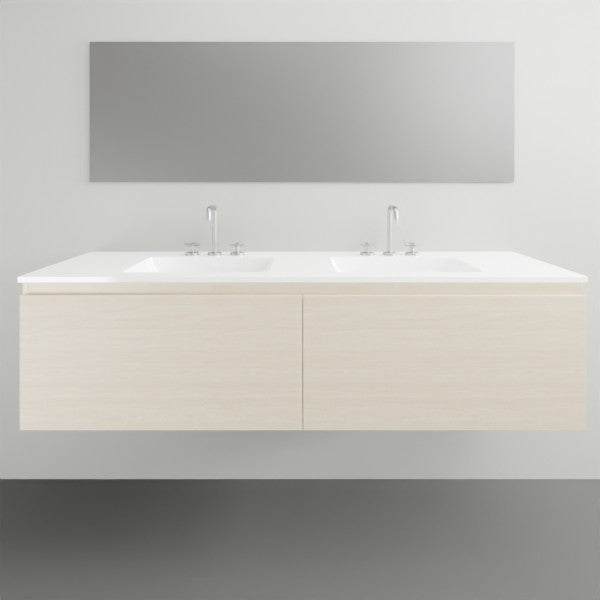 ADP Glacier Lite wall hung slim vanity with ceramic top, concrete finish, double basin and drawers, front view