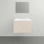 ADP Glacier Lite wall hung vanity with ceramic top, light woodgrain finish, left bowl and chrome tapware in a bathroom setting
