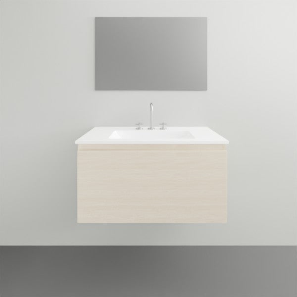 ADP Glacier Lite wall hung slim vanity with ceramic top, light woodgrain finish, right bowl, front view