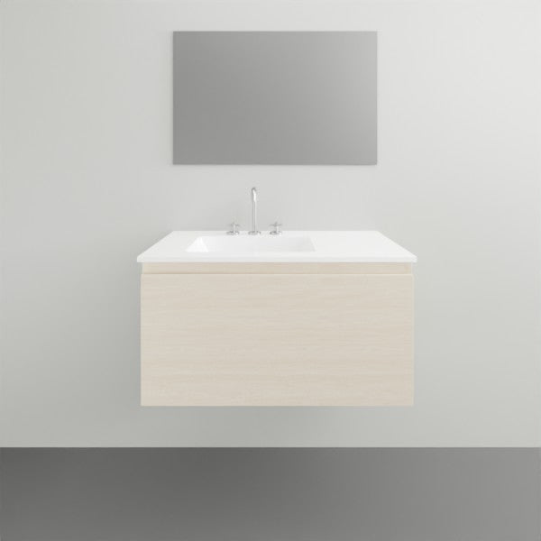 ADP Glacier Lite wall hung slim vanity with ceramic top, centre bowl, in light woodgrain finish