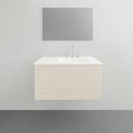 ADP Glacier Lite wall hung slim vanity with ceramic top and left bowl, in light wood finish, front view