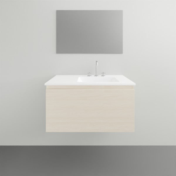 ADP Glacier Lite wall hung slim vanity with ceramic top and left bowl, in light wood finish, front view