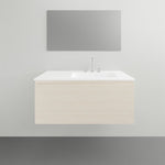 ADP Glacier Lite wall hung vanity with ceramic top, light woodgrain finish, left bowl, front view