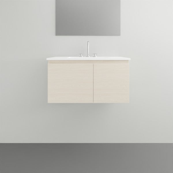 ADP Glacier Lite wall hung ensuite vanity with ceramic top, light woodgrain finish and centre basin, front view