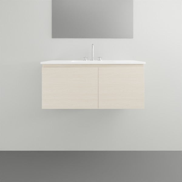 ADP Glacier Lite wall hung ensuite vanity with ceramic top, Bottega Oak woodmatt finish and centre bowl