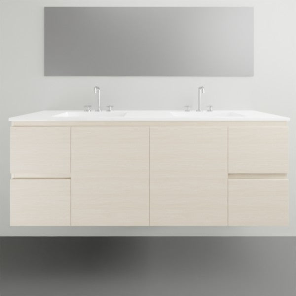 ADP Glacier Lite wall-hung twin vanity with ceramic top, Angora Oak finish, double bowl front view