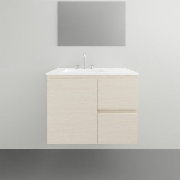 ADP Glacier Lite wall-hung vanity with ceramic top in light woodgrain, showing single basin and right-side drawer front.